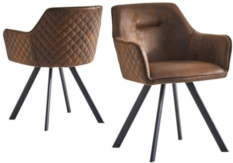 B&D home® Esszimmerstühle Cyrus 2er-Set – Polsterstuhl mit Armlehnen, Wildlederoptik Braun, pulverbeschichtetes Metallgestell, Industrial Design für Küche, Esszimmer, Wohnzimmer, Büro