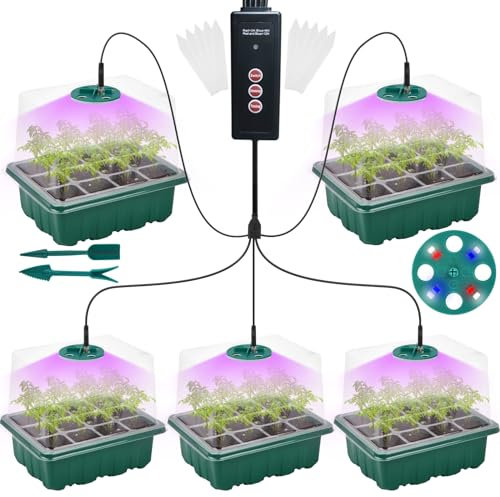 Seed Starter Tray Kit with Grow Light(2023 Upgrade 8 Full-Spectrum LED, Timer, Dimming, Higher Humidity Dome) 5 Pack Seedling Sprouting Trays Indoor Gardening Gifts Supplies Greenhouse Germination Kit