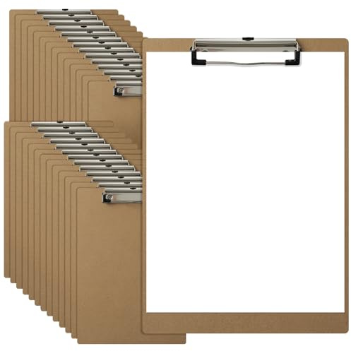 HappyHapi 28 Pack Clipboard 8.5 x 11 Letter Size Clip Boards Bulk, A4 Wooden Hardboard Office Clipboards Pack for Classroom, Work-Meetings, Brown