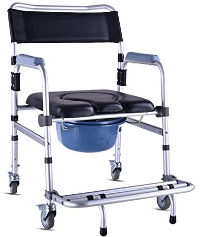 Toiletten-Duschstuhl, Nachttisch-WC-Stuhl, höhenverstellbarer Rollstuhl, 4-in-1-gepolsterter Toilettensitz mit 4 Bremsen, abnehmbarer Topf, klappbares Pedal, rutschfeste Sicherheit für ältere Men