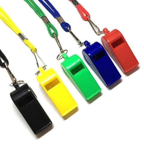 iJiGui Lot de 5 Sifflets en Sport Plastique, Sifflet Fort et Net avec Cordon, Idéal pour Les Entraîneurs, Arbitres, Officiels et Dressage de Chiens