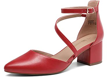 DREAM PAIRS Dam stängd spetsig tå låga tjocka klackar pumps ankelrem bröllop affärer dressy skor, Röd-pu, 41 EU