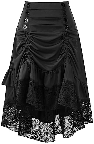 SEAUR Dam viktoriansk kjol renässans medeltida maxikjol med volanger hög midja A-linje lång kjol steampunk vintage karneval festlig cosplay kostym, A#svart, XL