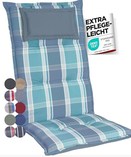gardisun Gartenstuhlauflagen Hochlehner mit Kopfteil I Extra Dicke Sitzauflagen I Made in Europe I Polsterauflagen für Hochlehner I Auflagen mit extra hohem Komfort I 6er Set I Grün-Grau-Kariert