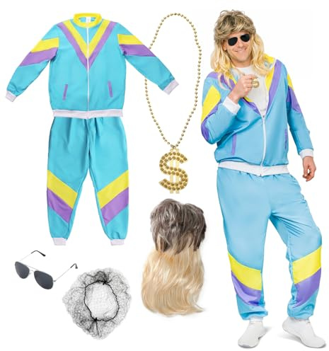 Festicy Costume Retro années 80s et 90s I Taille XL I Avec accessoire de 80s, veste de survêtement rétro, pantalon, perruque Vokuhila, chaîne en or et lunettes I Costume homme 80s édition (2024)