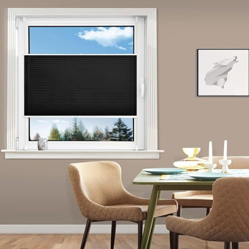 Plissee Nach Maß Ohne Bohren 105 x 140 cm Sichtschutz Und Blickdicht Easyfix Raffrollo, Fenster Plissee mit Klemmträger / -fix für Fenster & Tür, Schwarz