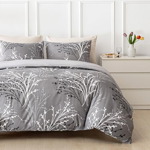 Tokokimo Juegos de ropa de cama reversible tamaño King de color gris, microfibra suave, 230 x 220 cm, con fundas de almohada y edredón, fácil cuidado, estampado de flores grises
