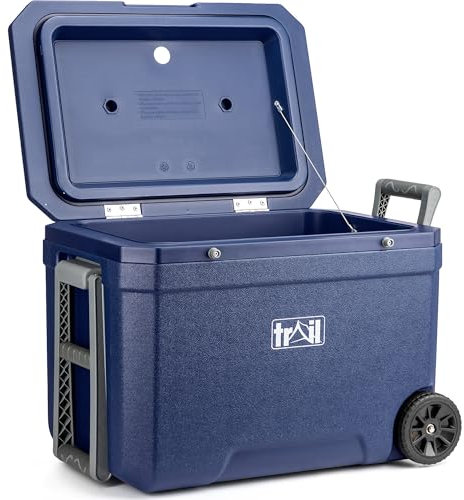 Trail 45L Cool Box on Wheels, Wheeled Insulated Hard Cooler for Hot Cold Food Drink, Picnic Camping Beach, 2 Cup Holders, BPA HDPE Free Liner, 72hr Max Cooling (54.5cm x 36cm x 42cm)
