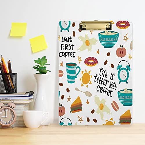 Porte-bloc en plastique acrylique à suspendre avec symboles de petit-déjeuner - Clip décoratif A4 - Pour infirmières, enfants, enseignants, étudiants, bureau - 30,5 x 22,9 cm