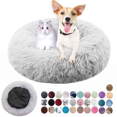 Ryanbem Hundebett Rund Plüsch Hundekissen Weich Warm Hundebetten Anti-Angst, Hundehütte Flauschig Kissen Hundebett Waschbar für Kleine, Mittelgroße, Große Hunde Hellgrau 60cm
