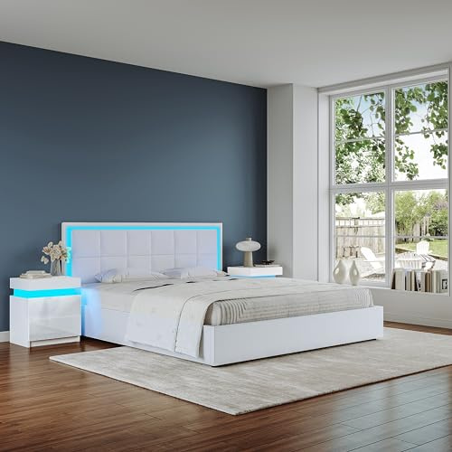 White Faux Leather Ottoman Bed with LED Lights and Under Storage