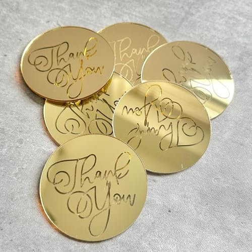 6PCS Thank you 5cm Mirror Gold Acrylic Cupcake Disc Topper Disk Celebration Cake Decoration Teacher School Leavers Charm, Set of 6