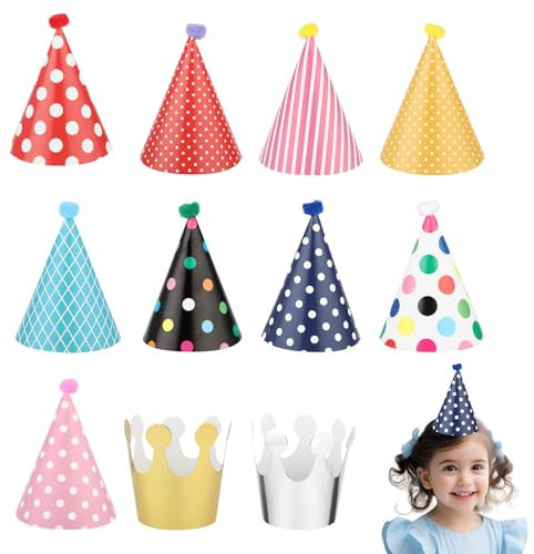 Thinp 11 Pcs Birthday Party Set - 9 Adorable Cone Hats with Pom Poms & 2 Paper Crowns for Kids & Adults