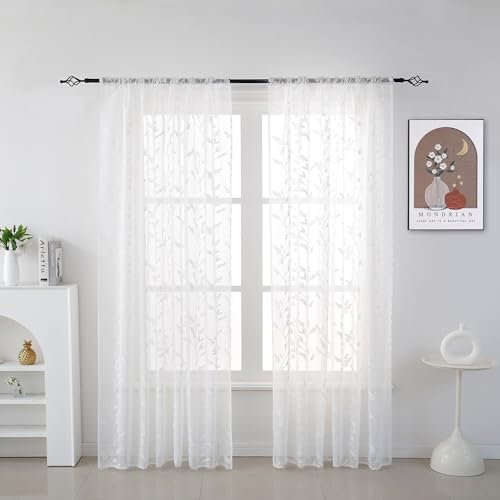 FEBE Gardinen mit Stickerei 145x250 cm Kräuselband Voile Vorhänge Weiß Transparent Wohnzimmer Luftig Dekoschal für Schlafzimmer