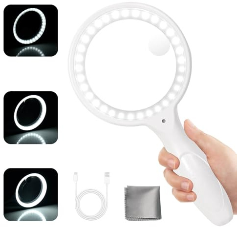 Förstoringsglas med ljus, Afaneep läs-up 30 x 60 x handförstoringsglas, 3 läslägen, 33 LED-läslor med ljus för seniorer stora, inspektion, mynt, smycken (vit)