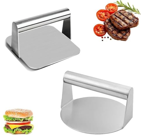 Mkzruulf Paquete de 2 prensas redondas para hamburguesas Smash (L: 14 cm, altura: 7,6 cm), prensa cuadrada para hamburguesas (L: 14 cm, H: 8 cm) para parrilla de carne