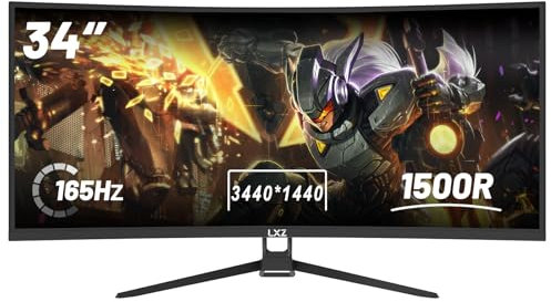 LXZ 34 Inch Curved Monitor 1500R, 3440 * 1440 165Hz Gaming Monitor with FreeSync, Wide Viewing Angle, Display Port HDMI - Black