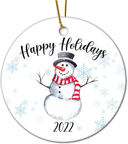Weihnachtsbaumschmuck 7.3cm, Winter Schneemann Frohe Feiertage Lustig Christbaumschmuck Anhänger Lustige Weihnachtsanhänger Personalisierte Runde Keramik Ornament