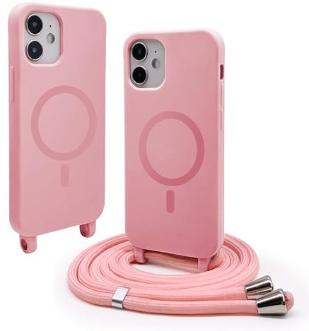 CUZZCASE Cover compatibile con iPhone 12 Mini(5.4),Cover Magnetica[Compatibile con MagSafe],Bumper con Laccio,regolabile Lanyard TPU Corda Silicone Case-Rosa Scuro