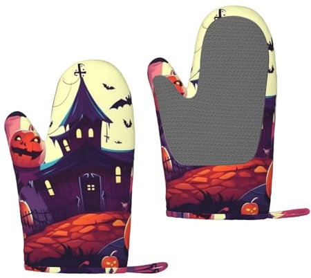 Happy Halloween Oven Mitts Set of 2 Heat Resistant Silicone Oven Gloves with Soft Lining Non-Slip Kitchen Cooking Mitt Long Waterproof Potholders Kitchen Essentials