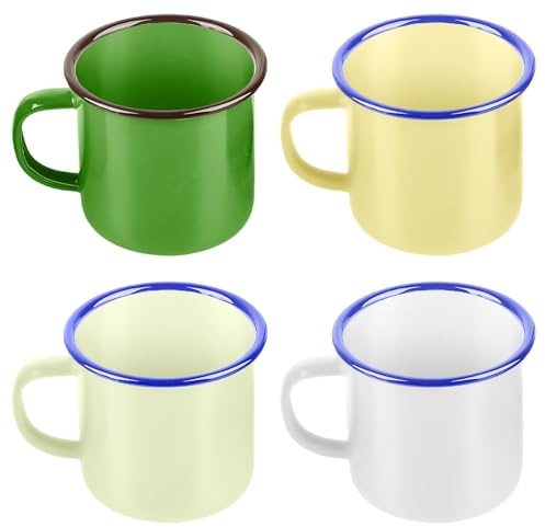 Emaille Tasse 4er-Set, 350 ml Tragbar und Mehrweg Emaille Becher, Porzellan Kaffeetassen Teetassen, Weiß, Armeegrün, Hellgrün, Hellgelb Leicht Camping Tasse für Daheim, Party, Büro, oder Camping