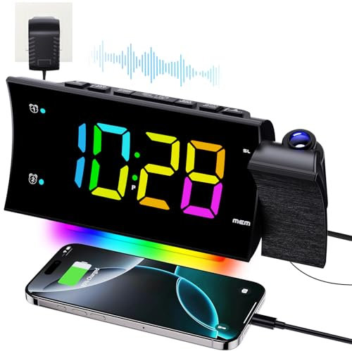 FCHERP Sveglia Con Proiettore Soffitto, Radiosveglia Digitale Da Comodino, Proiettore 180°, Ampio Display LED, Caricabatteria USB, 12/24H, 2 Sveglia Snooze, Sveglia Da Comodino Per Camera Da Letto