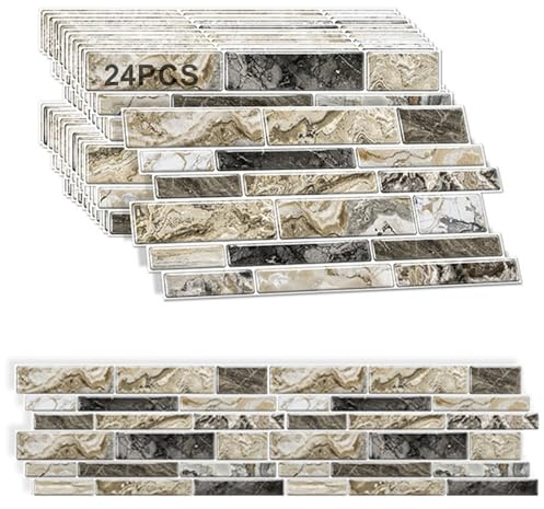 Adesivi per piastrelle, 24 fogli, 24,6 x 12 cm, per cucina e bagno, beige caldo, facile da usare e impermeabile