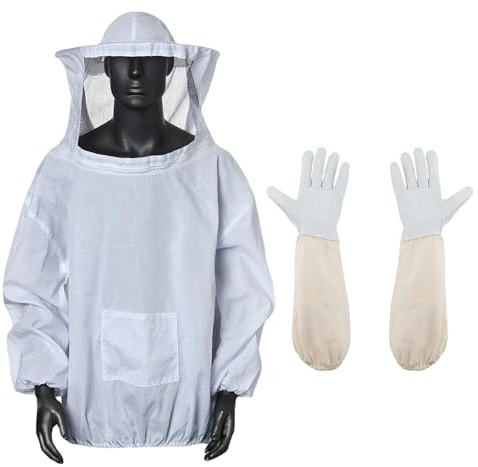 Tuta Protettiva per Apicoltori con 1 Paio Guanti da Apicoltore Tuta Apicoltore Guanti da Apicoltura in Pelle di Capra Apicoltura Cappotto Guanti Protettivi per Apicoltore con Maniche Lunghe in Tela