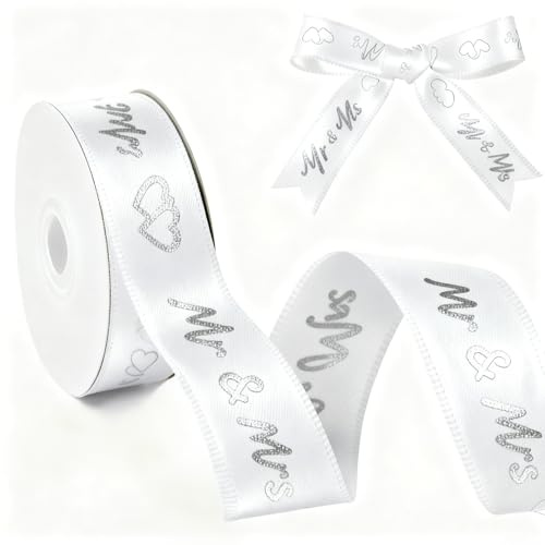Schleifenband Hochzeit Deko Satinband Weiss 5m Mr & Mrs Bänder, Geschenkband Weiß für Verlobung Brautpaar Feierlichkeiten, Wedding Decoration Zubehör Breite 1,5cm