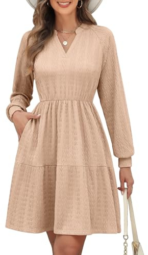 PASUDA Långärmad stickad damklänning V-ringad elastisk midja midi-klänningar en linje blommig chiffong babydoll tunika jumper klänningar knälång vår höst klänningar vardaglig fest semester, Khaki, XL