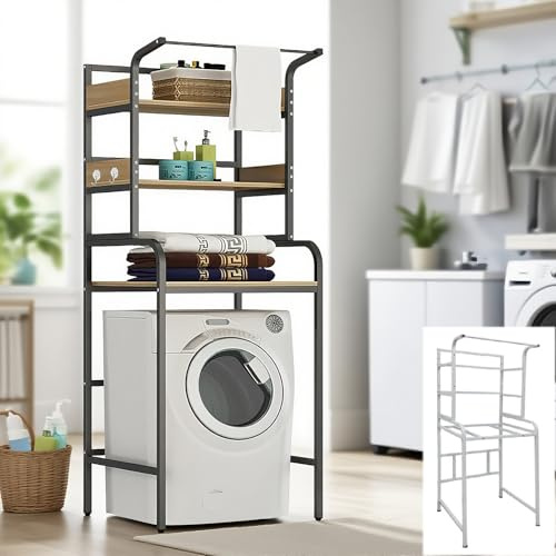 YTLEMON Estantería Lavadora de 3 Niveles, Mueble Superior Lavadora con Estante, Superposición Lave Lave Ropa, Capacidad de Carga de 350Kg, 70x60x190cm (Negro-A, 3 Niveles)