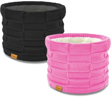 Vogium Kids Double-layer Knit Neck Warmer Gaiter | Thermal Fleece Face Cover for 6-14 Year Olds Boys Girls | Ski, Play & School Gear (Black/Rose Red)