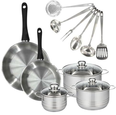 Fackelmann Batterie inox 2 poêles 24/28 cm et faitouts | Set complet cuisine, 2 poêles et 3 faitouts, Inox 18/8, Fond 18,1 cm, Tous feux induction, 6 ustensiles inclus, Sans PFAS