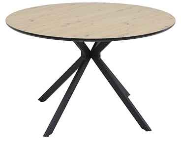 Hela Tische, Runder Esstisch Kindu, Dia 120 cm, Dekor Artisan Eiche, Schwarzes Metallgestell Vierkant, Platte mit Schweizer Kante, 76 cm Höhe