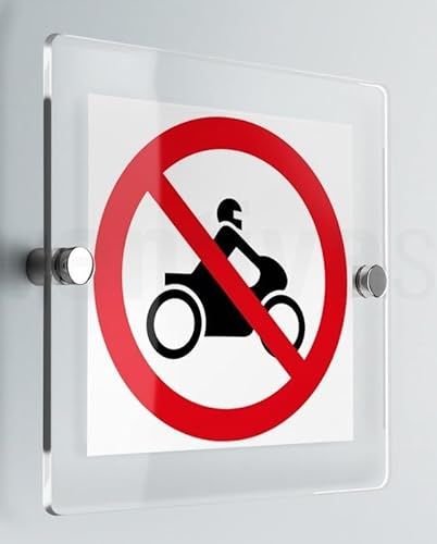 Global Targa Cartello in plexiglass Quadrato - Divieto di transito alle moto simbolo - Con Distanziali in acciaio inox, Stampa UV (Plexiglass, 20x20 cm)