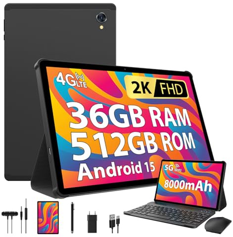 PIXPEAK Tablet 10.6 Pollici Android 15, 4G SIM Lte & 5G WiFi, 36GB RAM, 512GB ROM (TF 1TB), 2000*1200, Widevine L1, 13+8MP, GPS, Octa-Core, Tablet in offerta con tastiera|Mouse|Custodia|Cuffie (Nero)