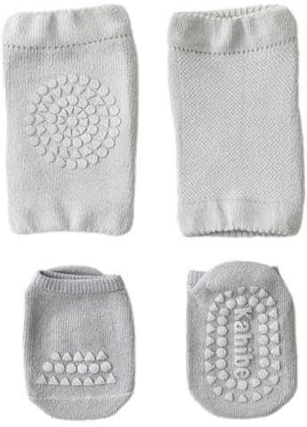 Montesy Set di ginocchiere e calzini antiscivolo in cotone pettinato, design traspirante per gattonare, camminare, gioco al coperto