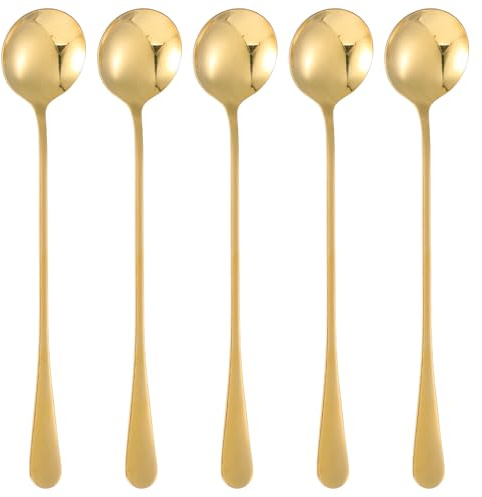 Guduling 5-Pack Sundae Spoons,Gold Latte Spoons Long Handle,19 CM Sundae Spoon,Stainless Latte Spoon for Coffee, Tea, Ice Cream & Elegant Entertaining