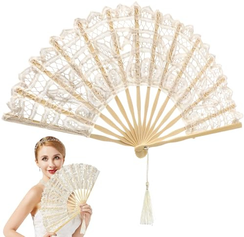 ifundom Premium Vintage Lace Handheld Folding Fan with Grade A Bamboo Ribs | Retro Court Cotton Hand Fan for Women, Elegant Wedding Accessory for Dance Party, Church, Gothic Costume - 50cm(Beige)