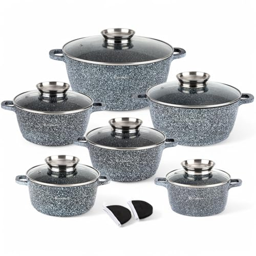 EliteHoff Kochtopf Set Induktion, Topf aus Aluminiumguss mit Antihaftbeschichtung, Topfset mit Glasdeckel für alle Herdarten inkl. Induktion, Gas, Elektro, Halogen, Keramik (Grau, 12-teilig)
