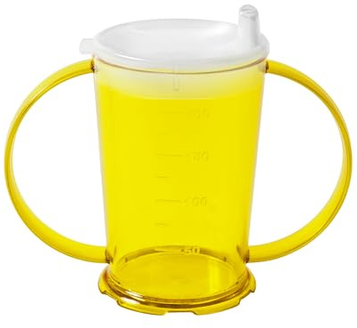 Harfield Translucent Yellow 2-Handled Beaker & Narrow Spout Drinking Aid Sippy Cup Reusable Virtually Unbreakable Copolyester Plastic