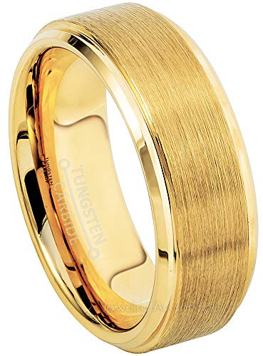 Jewelry Avalanche Men's Tungsten Wedding Band 8mm Brushed Yellow Gold Plated Tungsten Carbide Ring Anniversary Band - s8