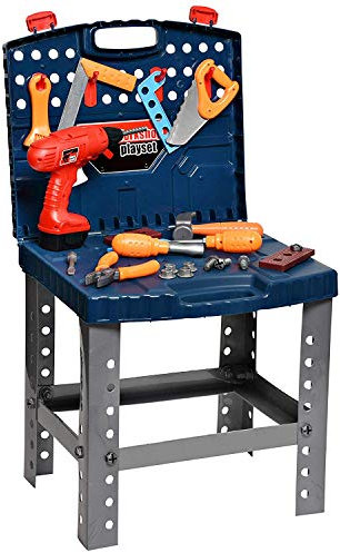 Playkidiz Konstruktion Werkbank für Kinder Tragbare Jungen & Mädchen Spielzeug Playset Inklusive Arbeitet Elektrischer Bohrer, Reisetafelsäule