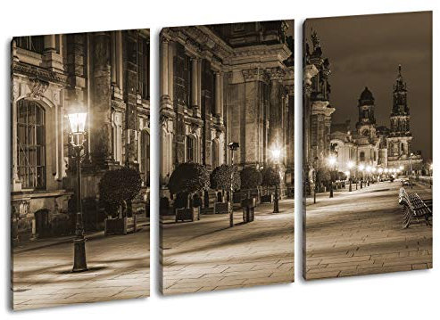 deyoli Leinwandbild Abendstimmung am Elbufer in Dresden – Glanz der Stadt Format: 120x80cm (3Teilig) Effekt:Sepia XXL Kunstdruck Bild auf Holzrahmen/Wandbild/Wohnzimmer Dekoration