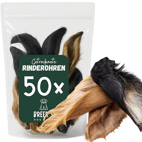 BREERs Getrocknete Rinderohren mit Fell Hund 50 Stück Kausnack, Kauartikel, Hundeleckerli große Hunde, Knabberstange, Hunde Leckerlis mit Fell