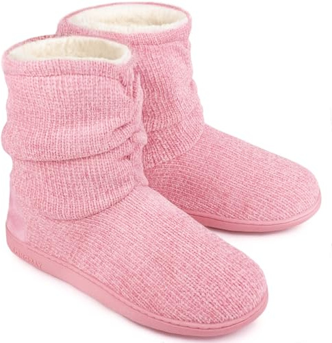 Ladies Bootie Slippers Memory Foam Fur Collar Bootee Plush Lined Women Boots with Non Skid Indoor Outdoor Sole, 5/6 UK, New Pink
