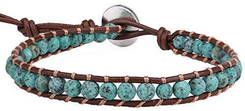 KELITCH Januar Geburtsstein Rot created-garnet Stein Hematit Perle Schädel Charme Wickeln Armband Leder Armband (Grün 01)
