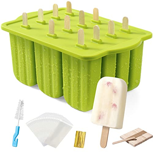 Popsicles Molds, MEETRUE 12 Pieces Silicone Popsicle Molds Easy-Release BPA-free Popsicle Maker Molds Ice Pop Molds Homemade Popsicle Ice Pop Maker with 50PCS Popsicle Sticks+Cleaning Brush