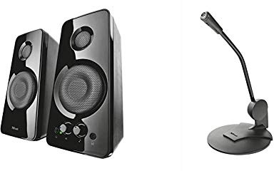Trust Tytan 2.0 - Set de Altavoces de Ordenador 2.0 (36 W, alimentación USB), Negro + Primo, Micrófono con Cable, 1, Negro