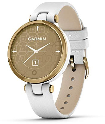 Garmin Lily, Small GPS Smartwatch with Touchscreen and Patterned Lens, Light Gold with White Leather Band